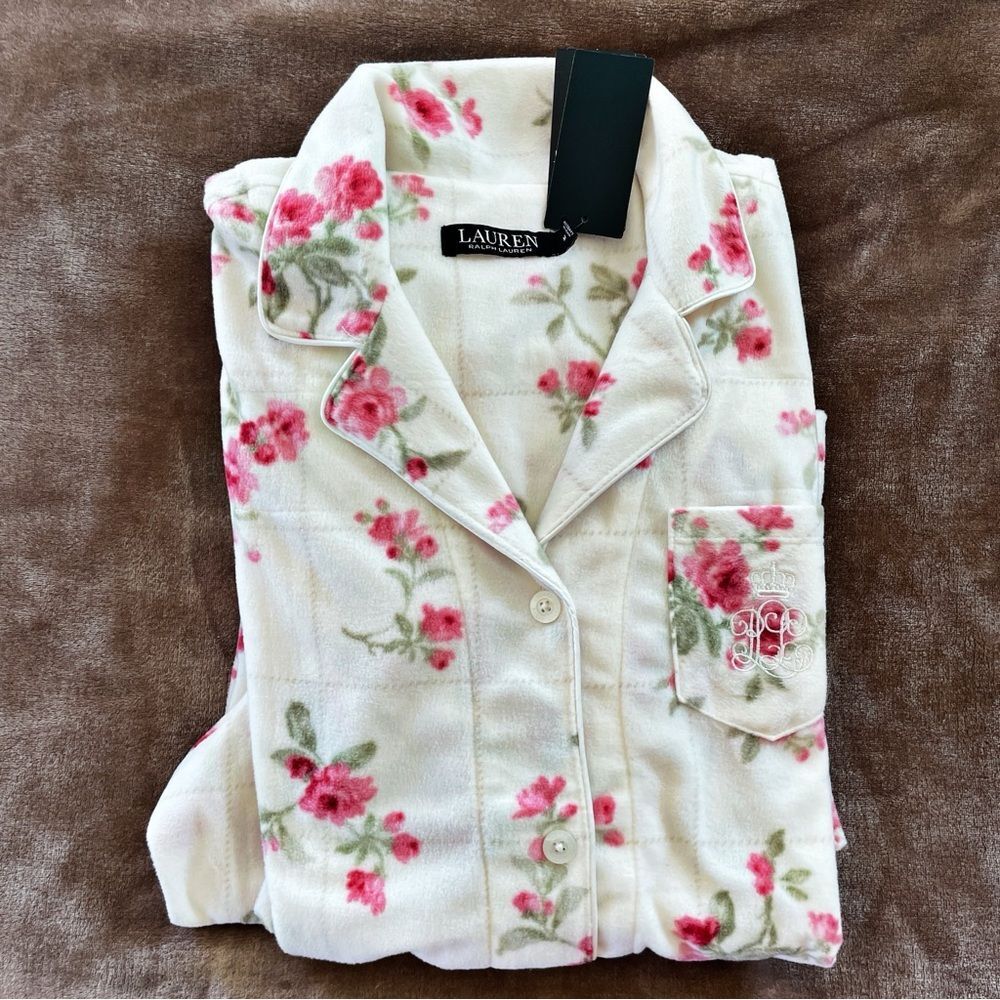Ralph Lauren White Pajama Set with Pink Floral Flannel Shabby Chic Luxury Size M